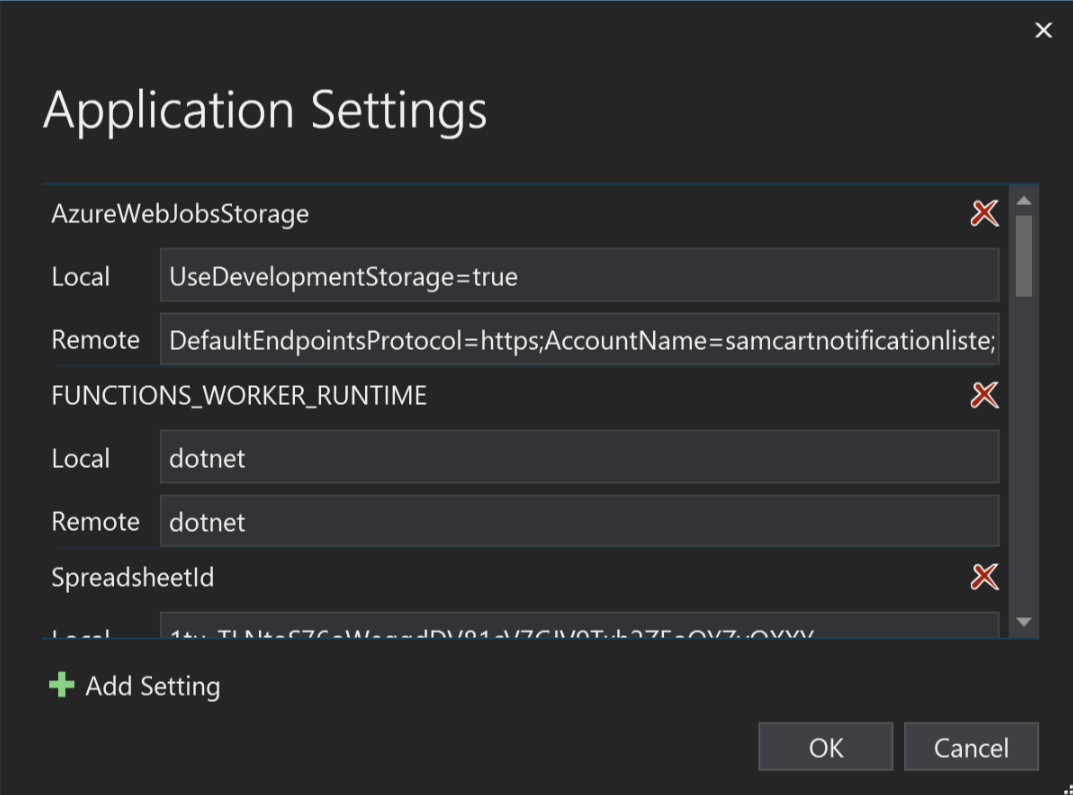 The Azure Function app settings publish dialog